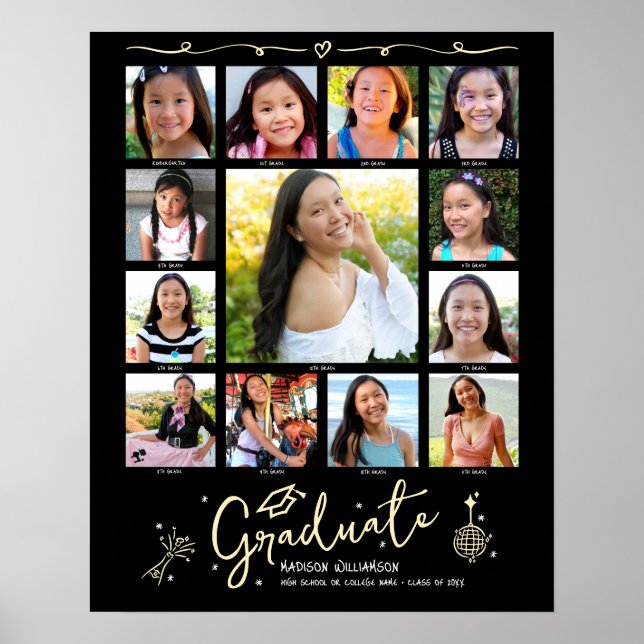 Poster Black Gold Graduation K–12 Photo Collage Doodles (Frente)