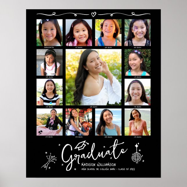 Poster Black Graduation K–12 Photo Collage White Doodles (Frente)