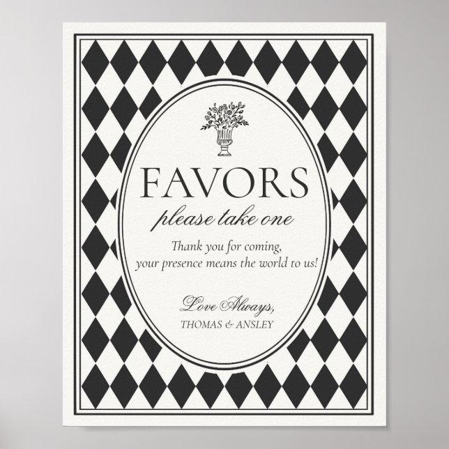 Poster Black Harlequin Checkered Wedding Favors Sign (Frente)