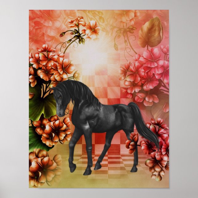 Pôster Black Horse Flowers Fantasy Art (Frente)