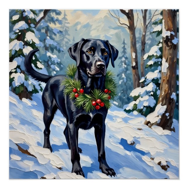 Pôster Black Lab Serene Winter Forest Christmas Holiday (Frente)