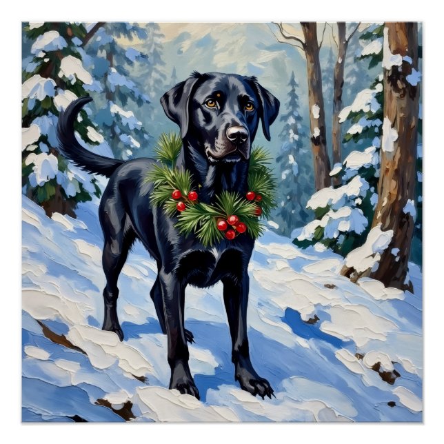 Pôster Black Lab Serene Winter Forest Christmas Holiday (Frente)