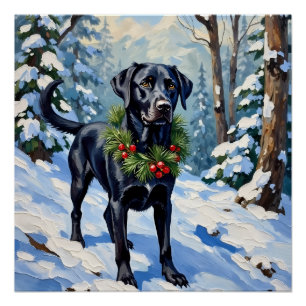 Pôster Black Lab Sereno Natal Floresta Inverno Férias