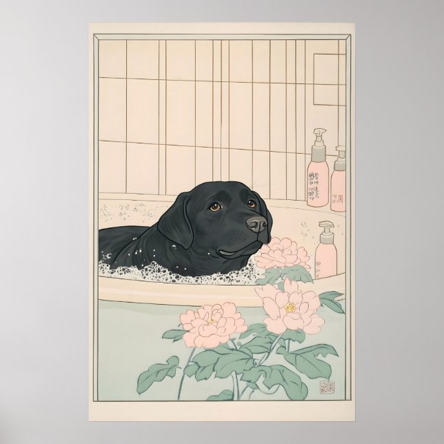 Poster Black Labrador Bathroom Print Japandi Ukiyo-e (Frente)