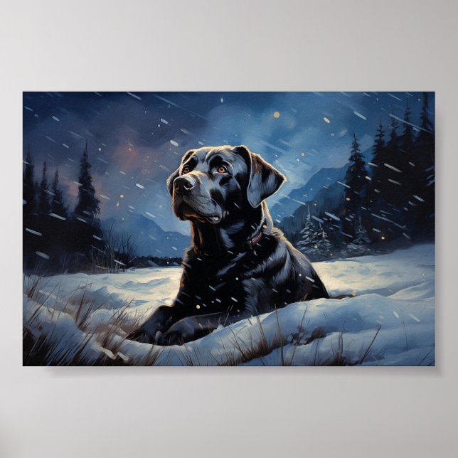 Poster Black Labrador na noite de inverno (Frente)