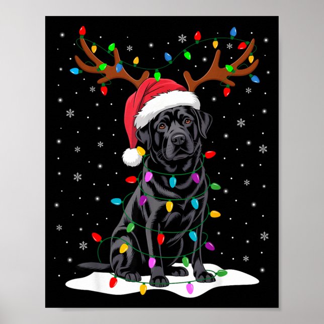 Poster Black Labrador Santa Hat Reindeer Tree Lights Chri (Frente)