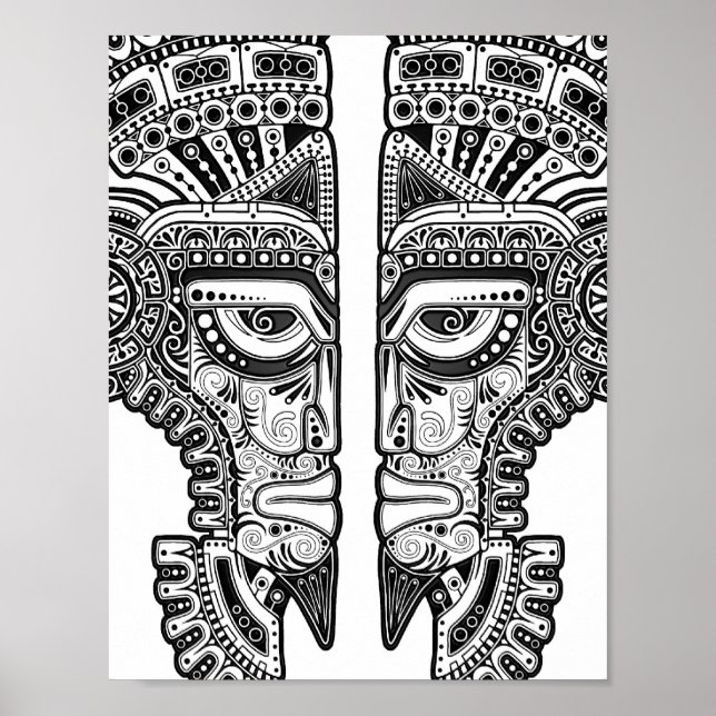 Poster Black Mayan Twins Mask on White (Frente)