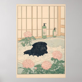 Poster Black Pug Bathroom Print Kawaii Japandi Ukiyo-e