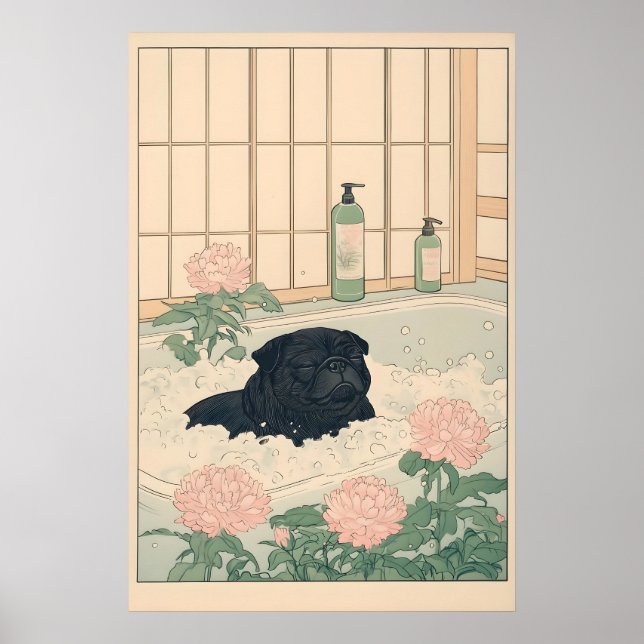 Poster Black Pug Bathroom Print Kawaii Japandi Ukiyo-e (Frente)