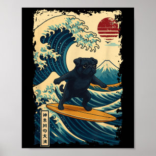 Poster Black Pug Japonês Kanagawa Surfing no Japão Mãe
