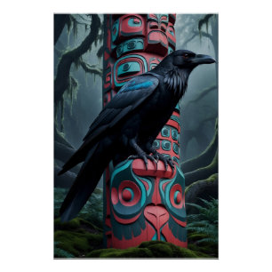 Pôster Black Raven e Totem Pole Wildlife Art