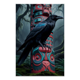 Pôster Black Raven e Totem Pole Wildlife Art