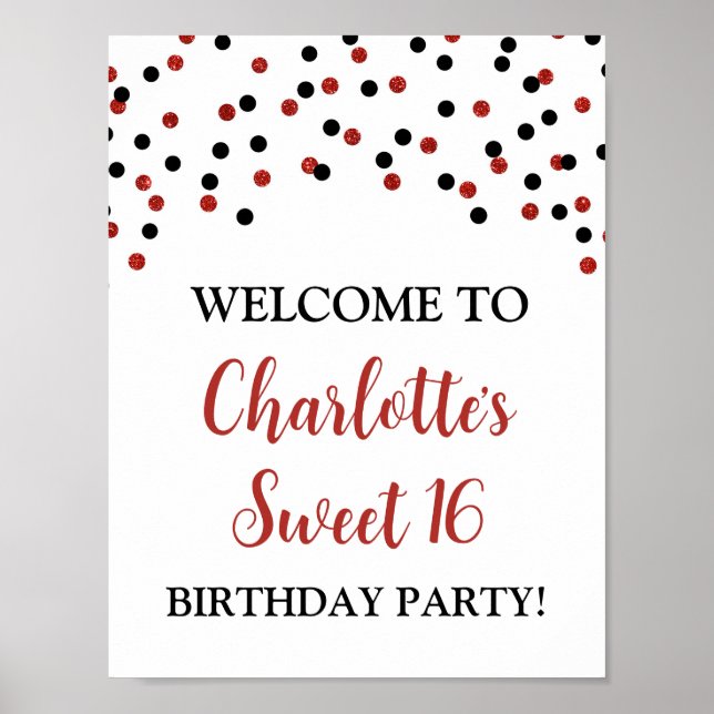Poster Black Red Sweet 16 Aniversário Personalizado 8,5x1 (Frente)