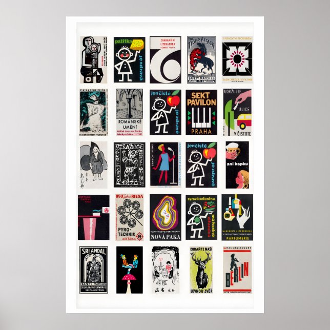 Poster Black Retro matchbox labels wall art, grid (Frente)