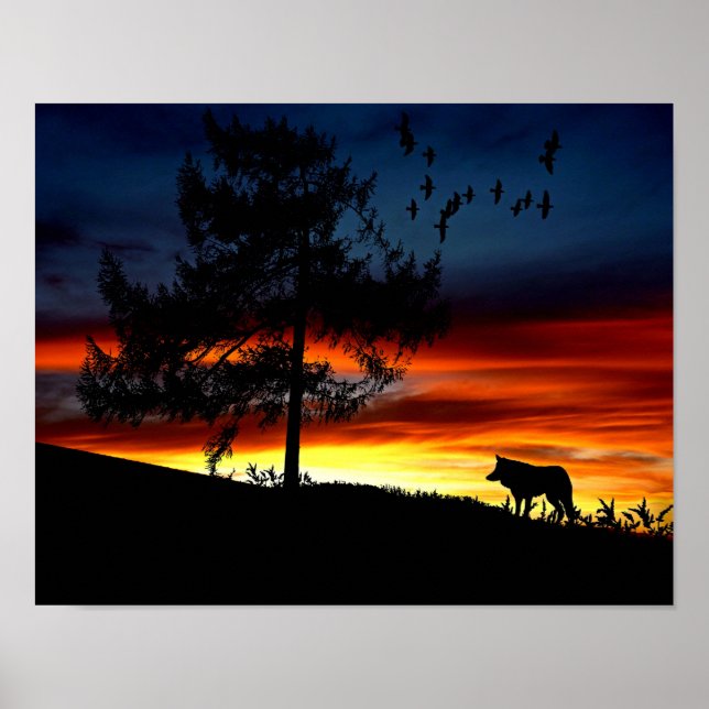 Poster Black Silhouette of Wolf, Birds and Tree in Sunset (Frente)