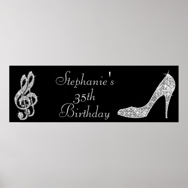 Pôster Black/Silver Music Note e Stiletto 35th Birthday (Frente)