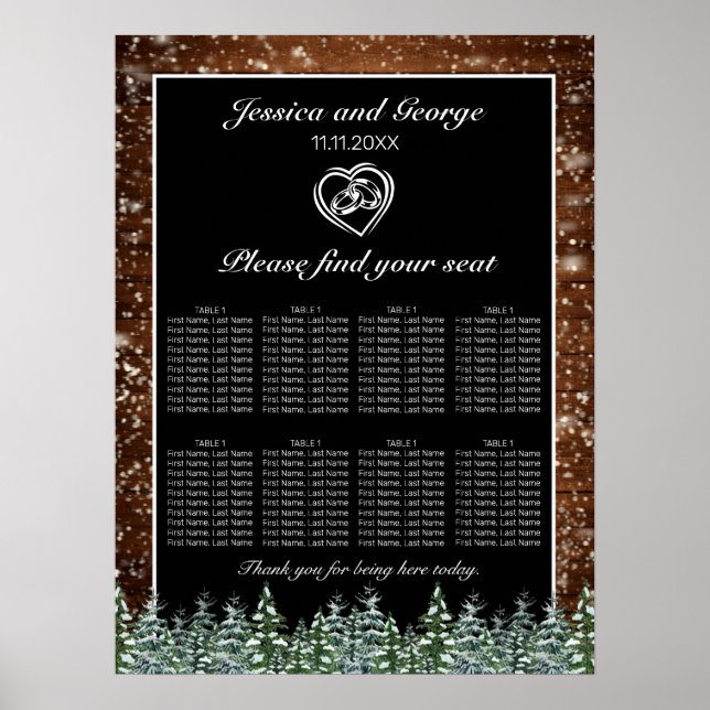 Poster Black Snowy Wood & Forest Wedding Seating Chart (Frente)