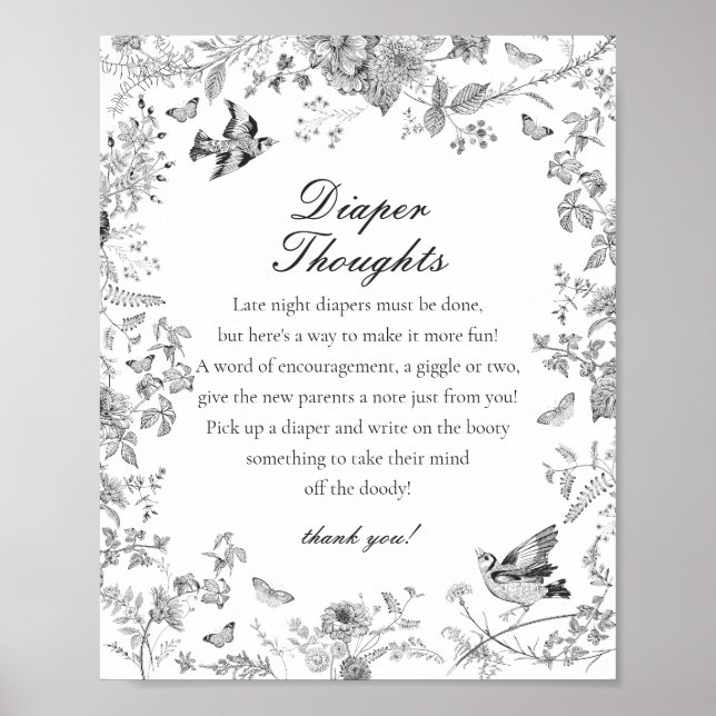Poster Black Toile De Jouy Diaper Thoughts Baby Shower (Frente)