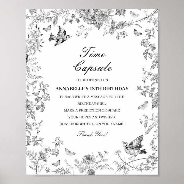 Poster Black Toile Floral Time Capsule Baby Birthday Game (Frente)