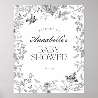 Poster Black Toile Jouy Floral Baby Shower Welcome Sign
