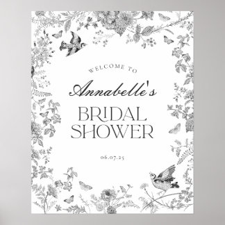 Poster Black Toile Jouy Floral Bridal Shower Welcome Sign