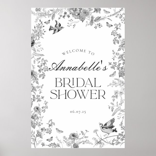 Poster Black Toile Jouy Floral Bridal Shower Welcome Sign (Frente)