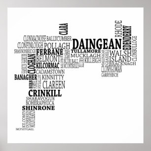 Pôster Black Typografia Map of Co. Offaly, Irlanda