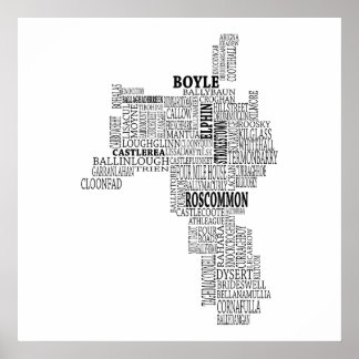 Pôster Black Typografia Map of Co. Roscommon, Irlanda