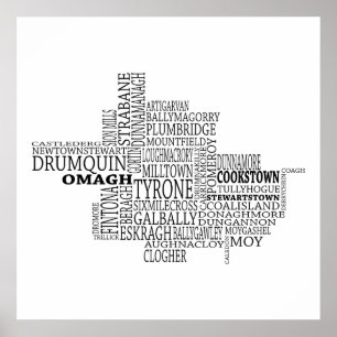 Pôster Black Typografia Map of Co. Tyrone, Irlanda