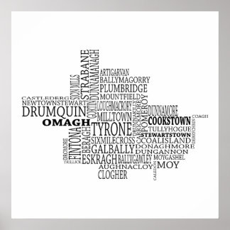 Pôster Black Typografia Map of Co. Tyrone, Irlanda