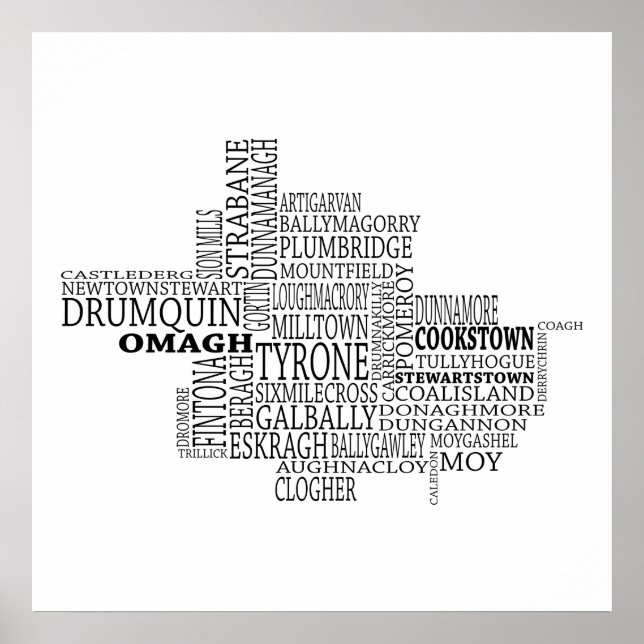 Pôster Black Typografia Map of Co. Tyrone, Irlanda (Frente)