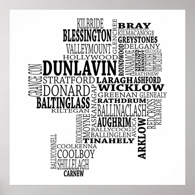 Poster Black Typografia Map of Co. Wicklow, Irlanda (Frente)