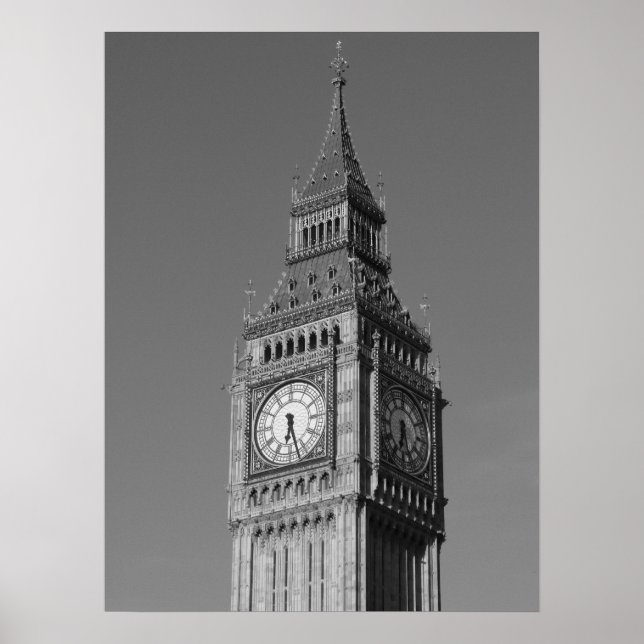 Pôster Black White Close up Big Ben Clock Tower London (Frente)