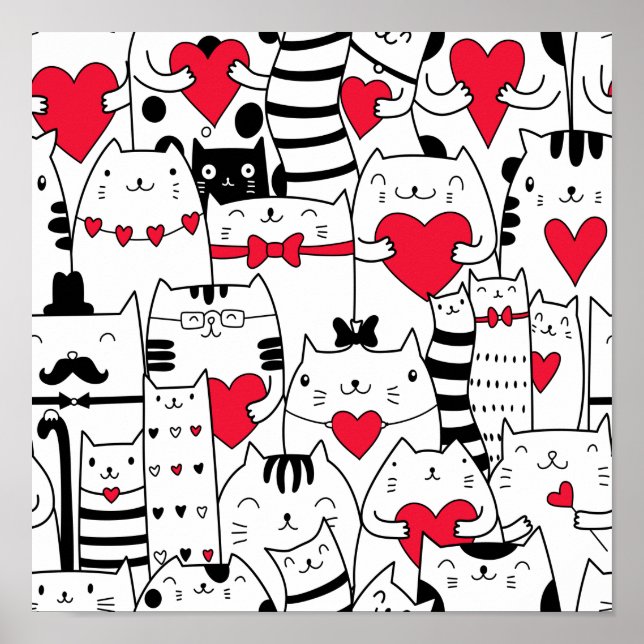 Poster Black White Cute Cat Red Heart (Frente)