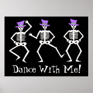 Pôster Black White Dancing Skeletons Happy Halloween