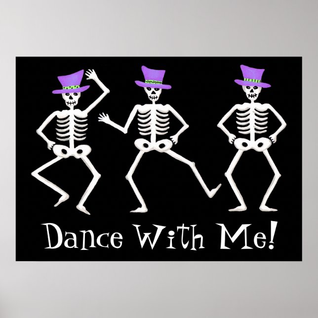 Pôster Black White Dancing Skeletons Happy Halloween (Frente)