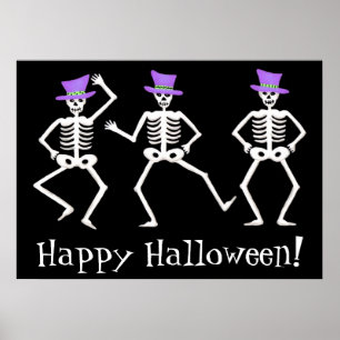 Poster Black White Dancing Skeletons Happy Halloween