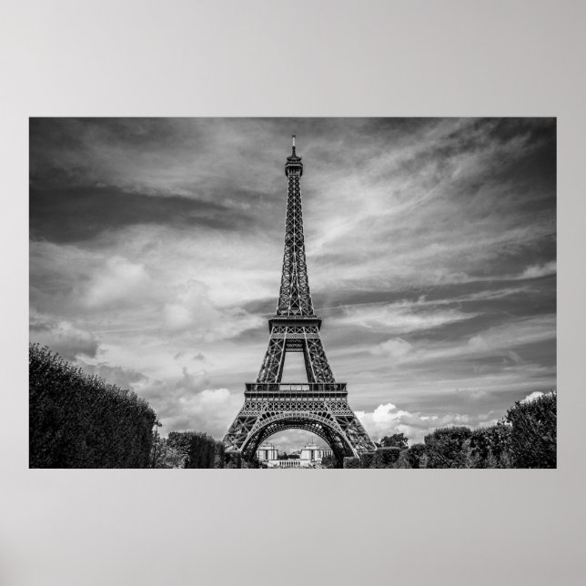 Pôster Black White Eiffel Tower Paris Europe Viagem (Frente)