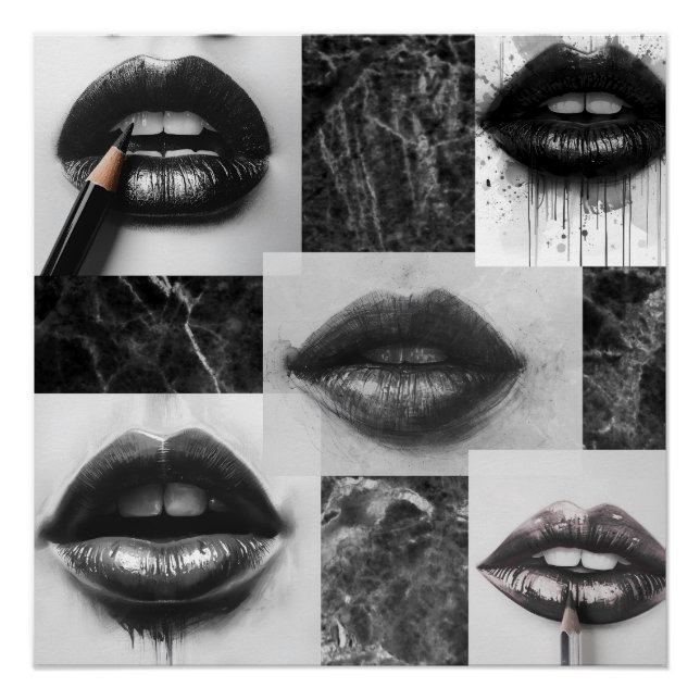 Pôster Black & White Lips Collage Glossy Poster (Frente)