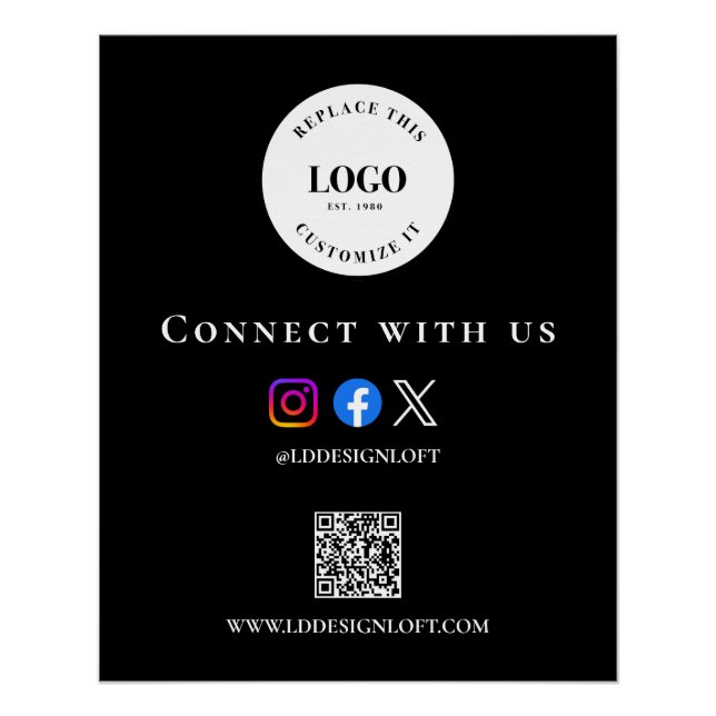 Pôster Black White Social QR code website Custom logo (Frente)