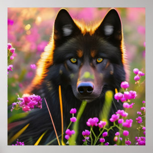 Poster Black wolf  in pink flowers  