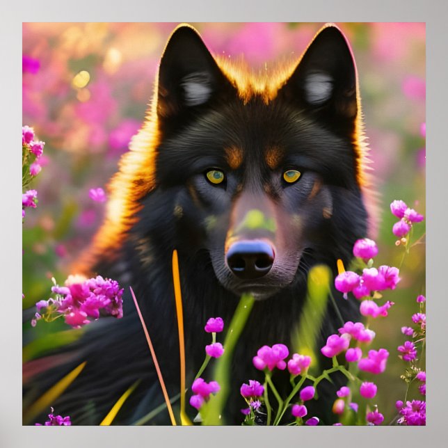 Poster Black wolf  in pink flowers   (Frente)