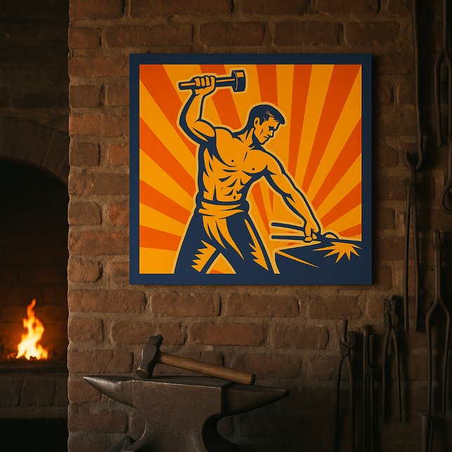 Poster Blacksmith Hammering Retro Strongman Labor (Criador carregado)