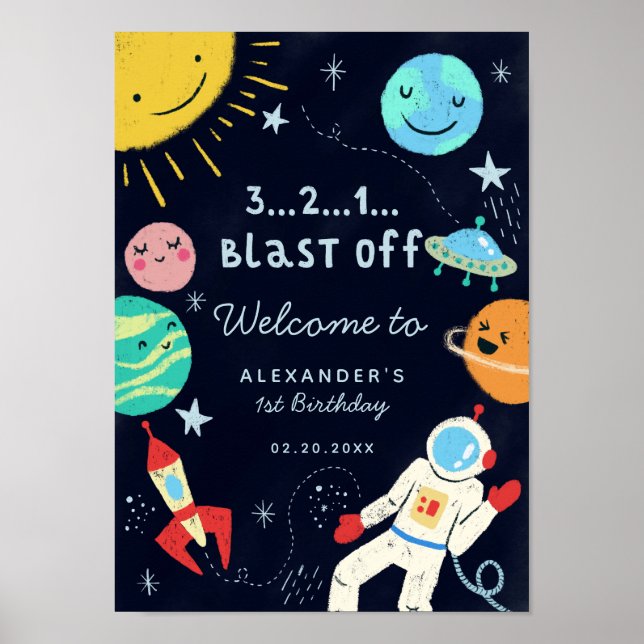 Poster Blast Off Space Theme Birthday Welcome Sign (Frente)
