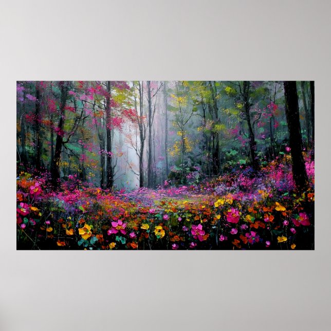 Poster Blooming Flowers and Tall Trees in Peaceful Forest (Frente)