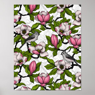 Poster Blooming magnolia and titmouse bird