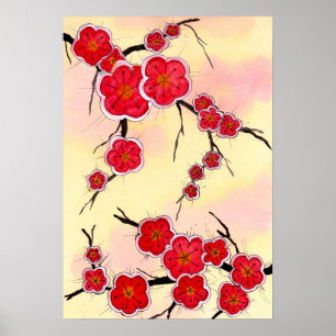 Poster Blossomas de Cereja Vermelho Japonês