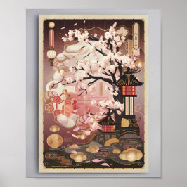 Poster Blossomas em Dusk: Uma Tranquil Noite Japonesa