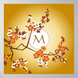 Poster Blossomo de ameixa Lua Ramificação Laranja Dourada