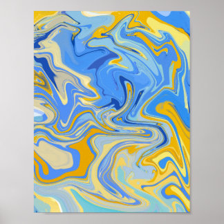 Poster Blue and Golden Yellow Fluid Marble Abstract Wall